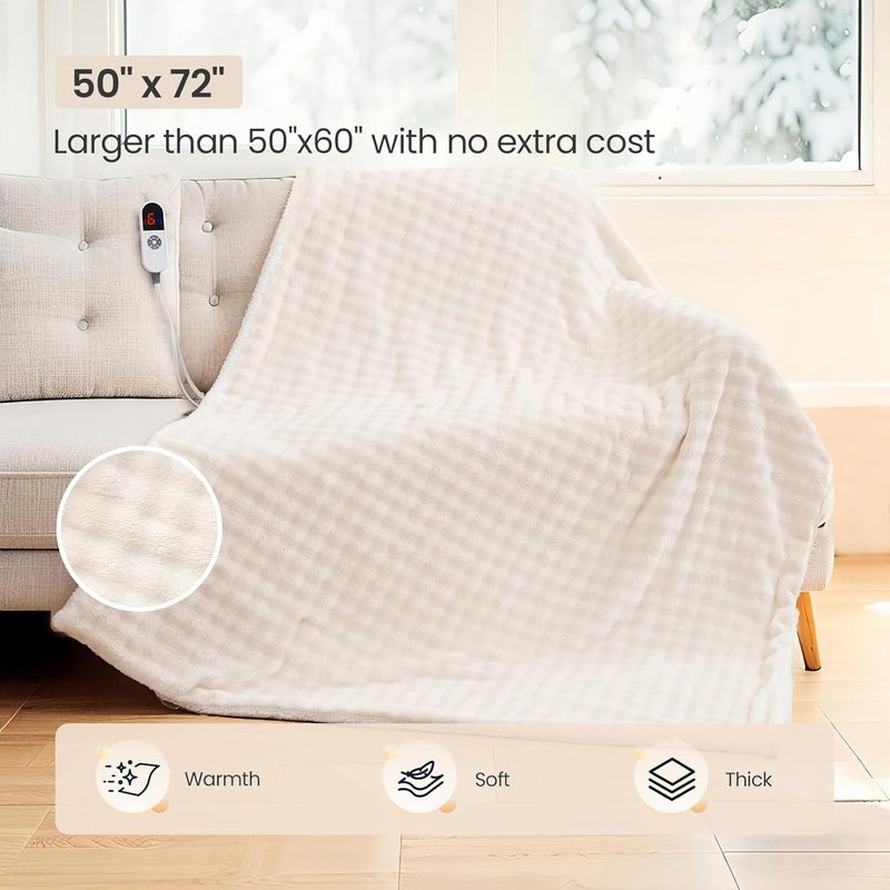 CURECURE Heated Throw Blanket 50"x72", Electric Blanket with 3D Bubble-Shaped, Soft Flannel and Thickened Sherpa Fleece, 6 Heat Settings, 1-4H Timer, Couch Heated Blanket, Machine Washable, Gift, White - Image 2